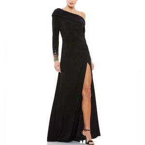 Mac Duggal Black One-Shoulder Maxi Gown with Embellished Cuffs